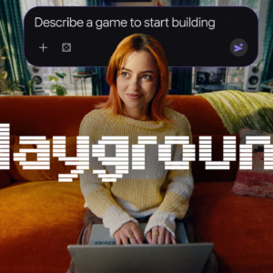 Visuel Google Playground avec une utilisatrice sur son ordinateur et l’invite « Describe a game to start building ».